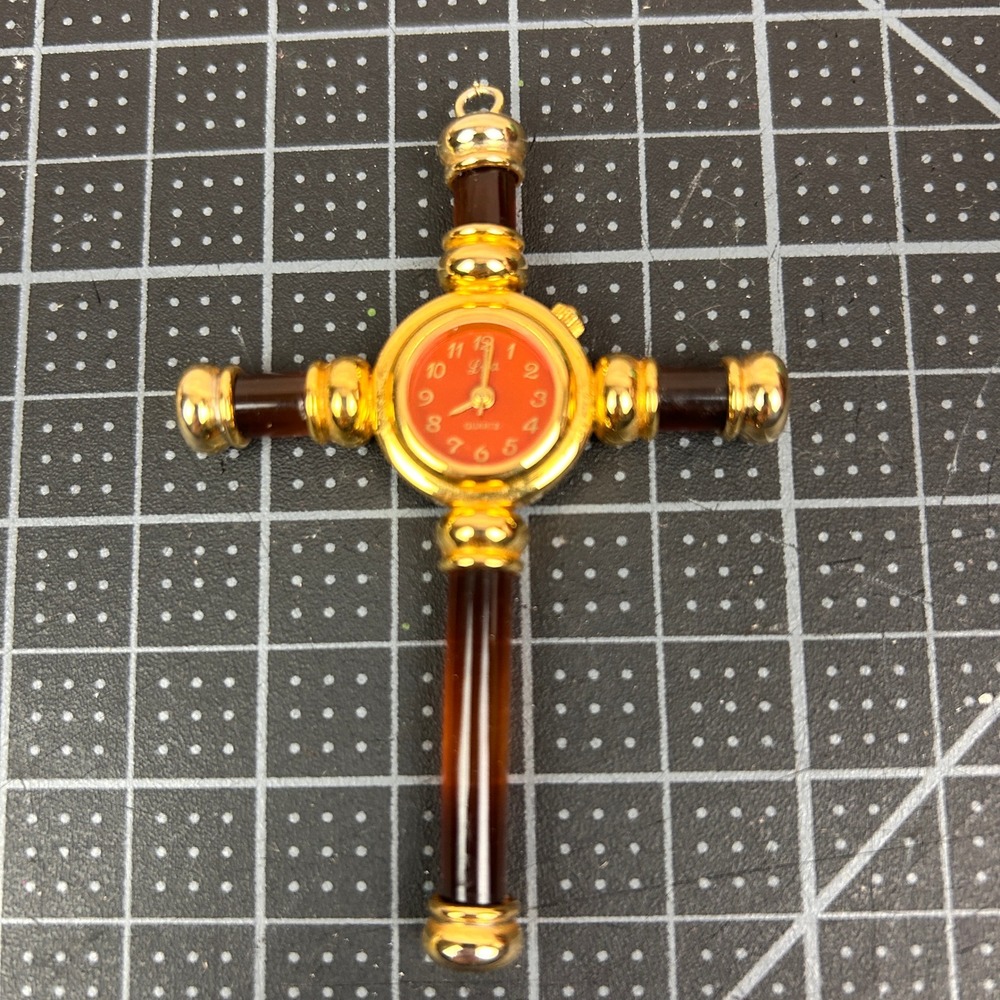 Lya Quartz Cross Watch Pendant Charm Red Face‎ Gold Tone Amber Color Accents